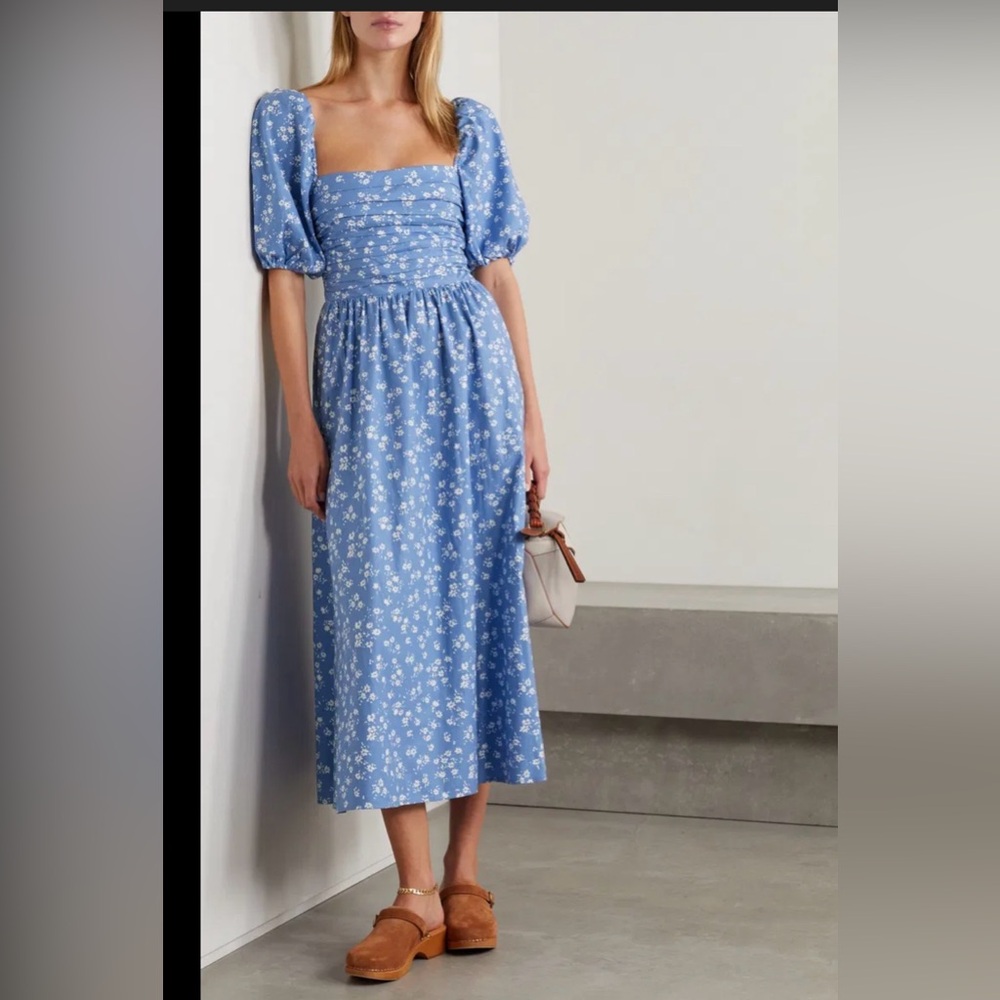 Reformation Rachelle Blue Floral Puff Sleeve Midi Dress Size 0 NWOT